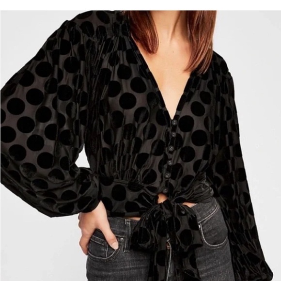 Free People Top Dottie Black Polka Dot Velvet SHEER. Size XS - Picture 1 of 11